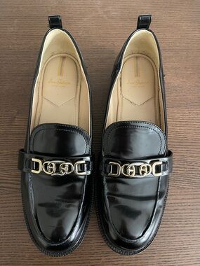 Sam Edelman Black Patent Loafers with Gold Chain Detail